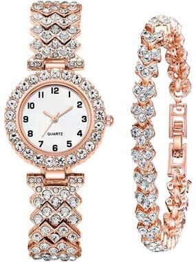 Women's Rose Gold Luxury Fashion Ladies Bangle Bracelet Set Dress Elegant Watch